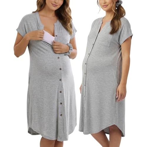 PATPAT Maternity Nursing Dress, Womens Button-Down Midi Dress with Pockets | Pregnancy through postpartum, soft fabric, midi length, easy nursing access, home and outings, sleepwear, side pockets