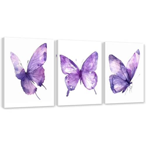 ARTZGX 3 Piece Purple Butterfly Canvas Wall Art Butterfly Pictures Wall Decor Watercolor Painting for Girls Room Decor Frame(White 12x16inchx3P (30x40cmx3P))