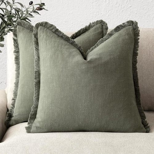 Foindtower Set of 2 Decorative Linen Fringe Throw Pillow Covers Cozy Boho Farmhouse Cushion Cover with Tassels Soft Accent Pillowcase for Couch Sofa Bed Living Room Home Decor, 22×22 Inch, Olive Green