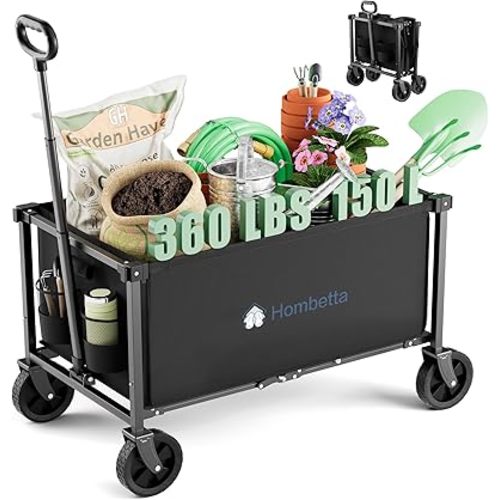 Collapsible Wagon Cart with Wheels, 150L Lightweight Foldable Utility Cart, Portable Rolling Wagon for Garden, Shopping, Sports, Camping, Transport, Black