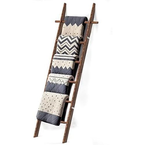 Farmhouse 6 Ft Wooden Blanket Ladder with Removable Hooks, 6-Tier Rustic Blanket Rack Decorative Stand, Leaning Towel Quilt Rack Holder for Bathroom Living Room Decor Brown