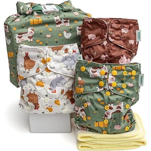 Kinder Cloth Diapers Reusable Baby Diapers Pocket Style Athletic Wicking Jersey, Bamboo Viscose Inserts, Wet Bag, Newborn to Potty Training 7-60lbs, One Size (On the Farm, 3 Pack, with Inserts)
