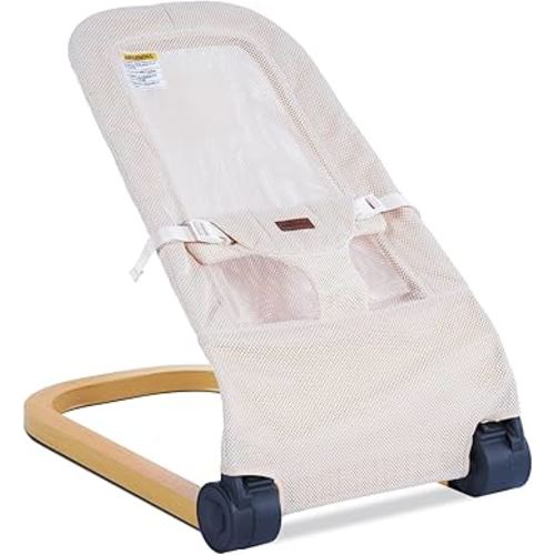 Baby Bouncer,Portable Baby Bouncer Seat & Foldable with 3 Height Adjustments, Ergonomic Bouncer for Babies 0-6 Months, Wood Grain Style, Natural Vibrations, Includes Storage Bag(Mesh Beige)