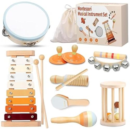 Musical Instruments Set for Toddlers 1-3, Montessori Wooden Toys for Kids Girls Boys-Xylophone Tambourine Maracas, Baby 18+Months Birthday Percussion Music Gift Preschool Educational with Storage Bag