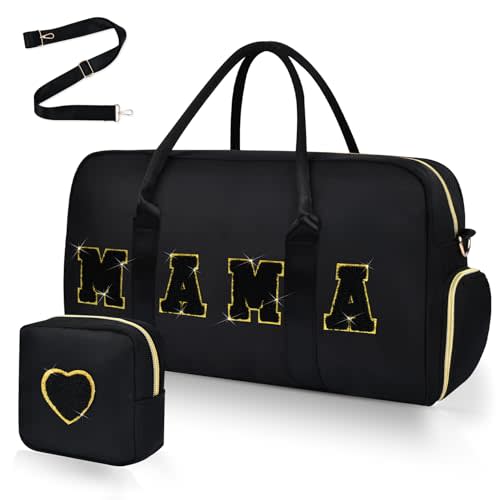 Mama Hospital Bag for Women Labor and Delivery Nylon Chenille Letter Embroidered Duffle Overnight Weekender Bag with Shoes Compartment and Mothers Day Gifts Black-Gold