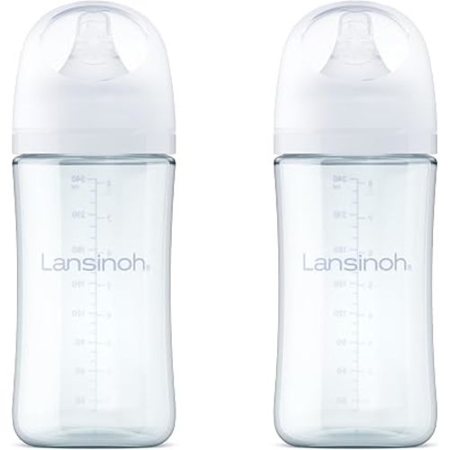 Lansinoh Glass Baby Bottles, Anti-Colic, White, 8oz, 2 Count, with Medium Flow Nipples (Size M, 3-6 Months), Baby Feeding Essentials