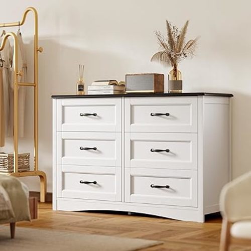 Gizoon 6 Drawer Dresser for Bedroom，47'' Larger Chest of Drawers with Mental Handle for Kids Room, White Dresser with 6 Storage Drawers for Living Room, Entryway and Hallway, White/Black