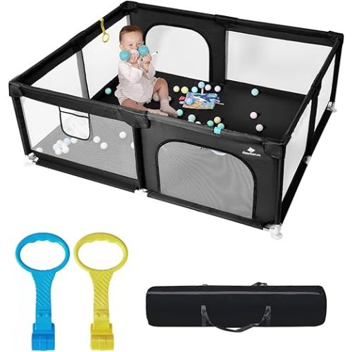dearlomum Baby Playpen with Non Removable Mat, Extra Large Play Yard for Babies & Toddlers, Portable Travel Playpen, Baby Activity Center for Indoor & Outdoor Use (Black 59"×71")