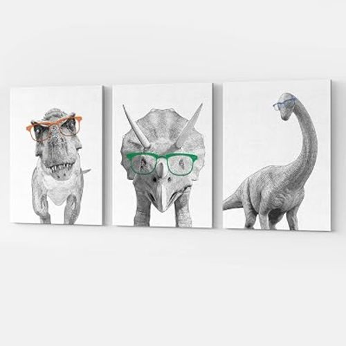 GUBIYU Black and White Animals Canvas Wall Art Print Set of 3 - Dinosaur Bathroom Decor Room Posters - Funny Painting for Kids Boy Girl Nursery 12"x16"