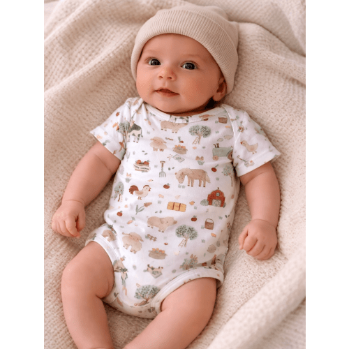 Short Sleeve Bodysuit, Cute Farm Animals Uni