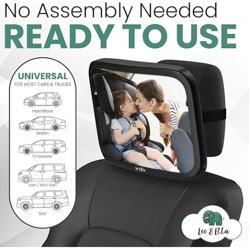 Leo&Ella Extra Large Car Mirror for Baby in Rear Facing Car Seat, Wide Crystal Clear View, 360° Adjustable Mount, Crash Tested and 100% Shatterproof, Fully Assembled