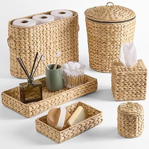 Best Choice Products 6PC Bathroom Accessories Set, Vanity Trays, qtip Canister, Square Tissue Box Cover, Small Wicker Trash Can, Toilet Paper Basket, Storage Organizer, Water Hyacinth - Natural