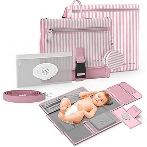 Portable Diaper Changing Pad - Large, Waterproof Travel Changing Pad for Baby with Extra Storage, Wipes Pocket & Pacifier Case - Portable Diaper Changing Station - Pink Striped
