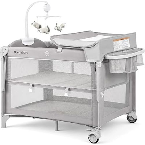 Rinnebbit 4-in-1 Pack and Play, Baby Bassinet Bedside Sleeper, Grey