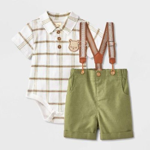 Baby Boys' 2pc Disney Winnie The Pooh Short Sleeve Bodysuit and Shorts Suspender Set - Green/White 6-9M