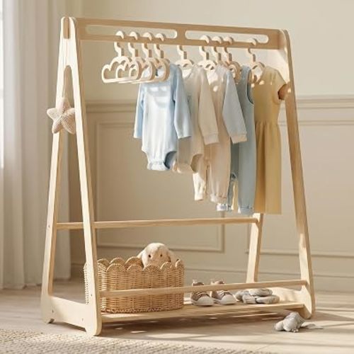 Kids Clothing Rack with 6 Hangers - Wooden Montessori Toddler Clothes Rack