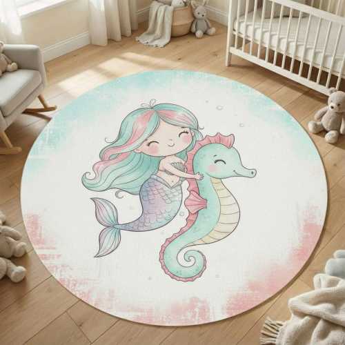 Mermaid Seahorse Pastel Round Kids Rug