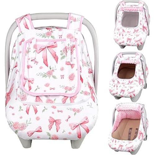 Car Seat Cover Baby Girls Winter, Dual Zipper Infant Carseat Covers with Breathable Mesh, Universal & Warm Protection Canopy Snug Fit Baby Carseats & Strollers, Pink Rose