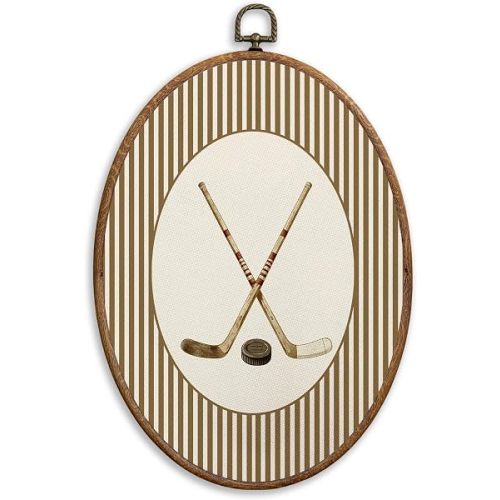 SONMYSULIL Vintage Hockey Sports Nursery Wall Art Decor, Sports Oval Wall Hanging Decor, Hockey Stick Striped Framed Canvas Prints for Kids Boy Nursery Room Bedroom Playroom, 8.6x11.4 Inch