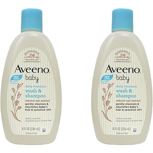 Aveeno Baby Daily Moisture Wash & Shampoo - Natural Oat Extract, Lightly Scented, Hypoallergenic & Tear-Free - 8 fl oz (Pack of 2)