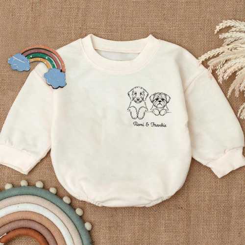 Personalized Dog Portrait Romper Sweatshirt, Custom Pet Lover Baby Outfit, Puppy Sketch Bodysuit for Babies, Baby Shower Gift with Pet Name