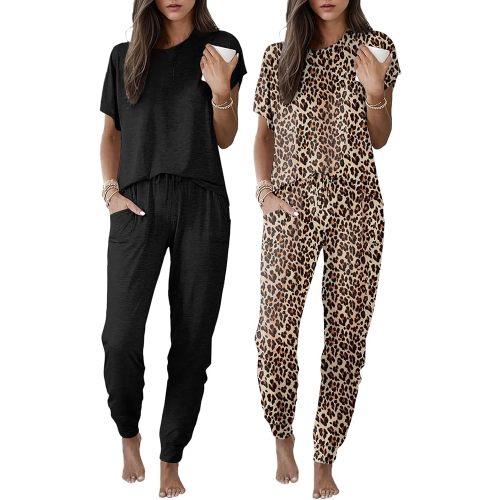 Ekouaer 2 pack Pajama Sets for Womens Jogger Pants Pjs Short Sleeves Lounge Set Soft Sleepwear with Pockets