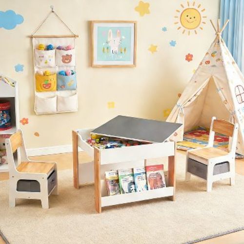 LuxenHome Toddler Table and Chairs Set with Storage and Bookshelf, Reversible Blackboard Tabletop, Kids Art Table and Chair Set, Ages 3-6 Multicolored