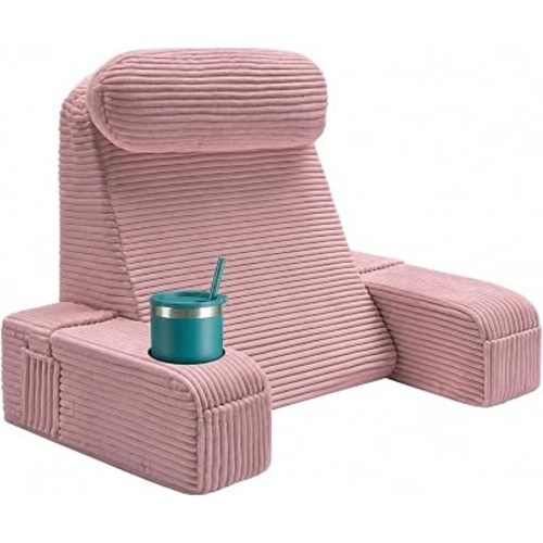 Reading Pillow for Adults, Back Pillow for Bed Sitting Up, Backrest Pillow for Sitting in Bed, Detachable Arms with Built-in Cup & Phone Caddy (Dusty Pink-Corduroy, 19 INCH)