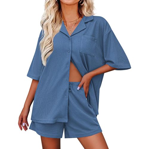 Ekouaer Pajamas for Women Waffle Knit Lounge Set Button Down Loungewear Soft Short Sleeve Pjs Shorts Set S-XXL