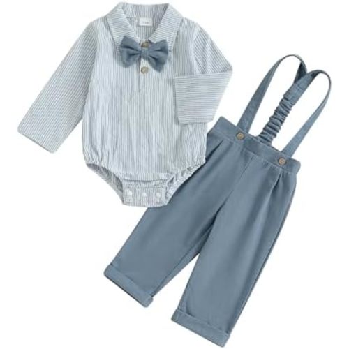 Newborn Baby Boy Fall Outfit Bow Tie Formal Stripe Long Sleeve Romper Corduroy Overalls Suspender Pants Set