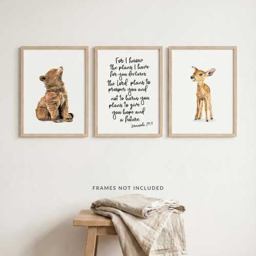 Woodland Bible Verse Nursery Prints, Baby Animal Set of 3
