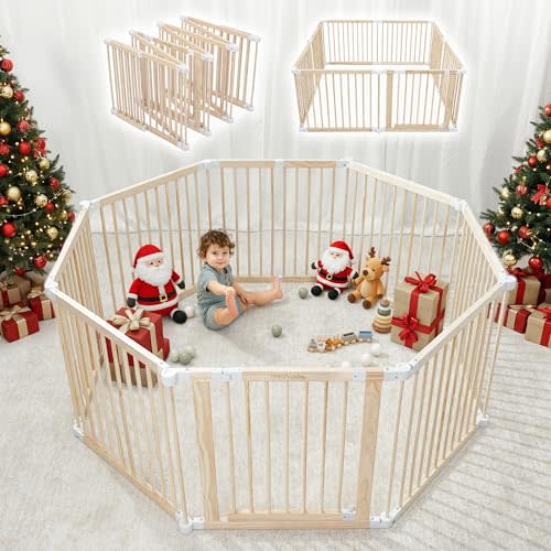 Comfy Cubs Baby Gate Playpen - 57 x 57 x 25 in, Extends Up to 228” - Pine Wood Foldable Playpen with Child-Proof Lock - Easy Assembly Baby Fence Play Area for Babies & Toddlers - Light Wood White