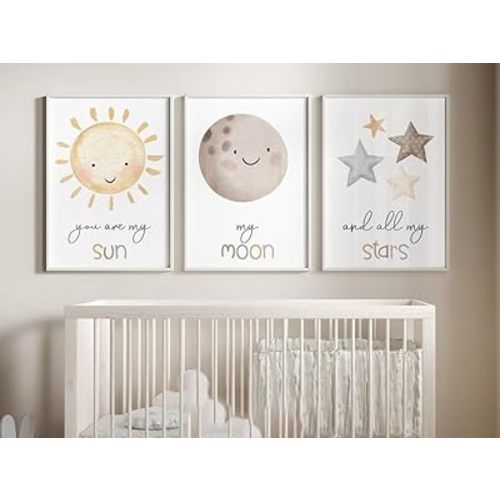 NATVVA Wall Decor 3 Pieces You Are My Sun My Moon And All My Stars Canvas Painting Prints Art Poster Pictures for Playroom Nursery Decor with Wooden Inner Frame