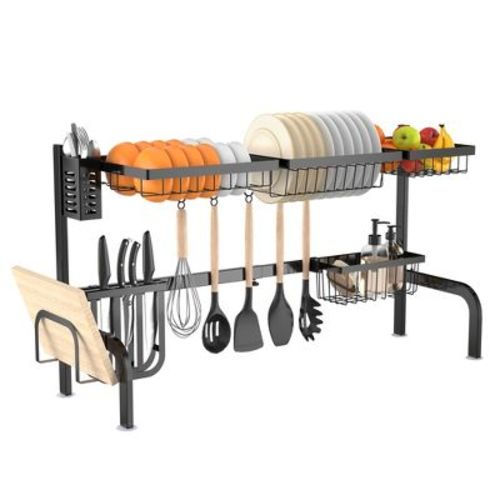 Costway Over Sink Dish Drying Rack 2 Tier Adjustable (21''-39'') Length w/ 8 Hooks