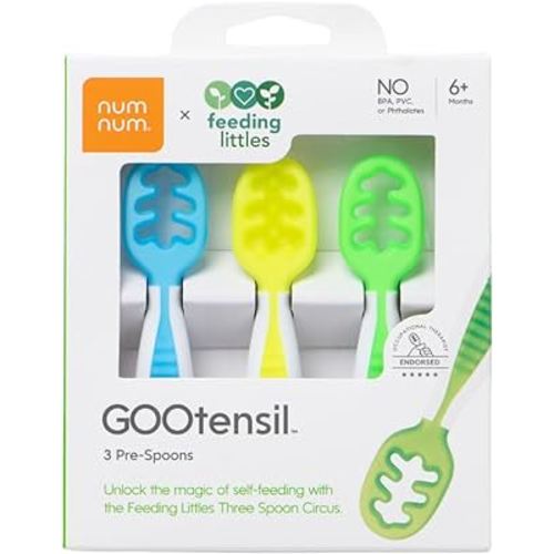 Feeding Littles x NumNum GOOtensil Pre-Spoons | Baby Spoon Set (Stage 1 + Stage 2) | BPA Free Silicone Self Feeding Toddler Utensils | For Kids Ages 6 Months+, 3 Spoons, Neons