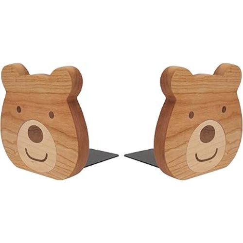 Cabilock 2 Pieces Book Stoppers: Wooden Bear Bookends for Shelves - Metal Base Non-Skid Book Ends for Bookshelf Decoration Home Office School Supplies