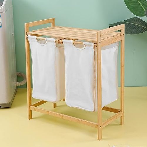 Bellglee Laundry Hamper with Shelf, 2 Sections Wooden Laundry Basket with Sliding Removable Bags, Bamboo Wood Laundry Organizer with Double Compartments, Laundry Sorter with Handles - Bag-02