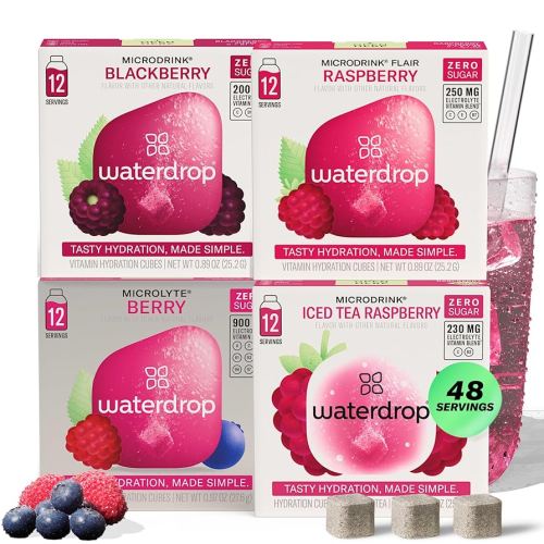 Waterdrop Hydration Cubes Mixed Berry Variety Pack, Zero Sugar Electrolyte & Vitamin Drink Mix, Flavored Water Enhancer Includes Blackberry, Blackcurrant, Microlyte Berry, Ice Tea Raspberry, 48 Count