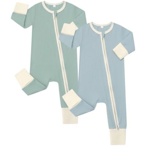 2-Pack Ribbed Cotton Rompers with Mitten Cuffs— Green & Blue