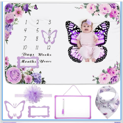 Chumia 6 Pcs Baby Monthly Milestone Blanket for Girl 60" x 40" Butterfly Milestone Blanket Age Photo Photography Backdrop with Newborn Calendar Growth Chart Bib Headband(Purple,Butterfly Pattern)