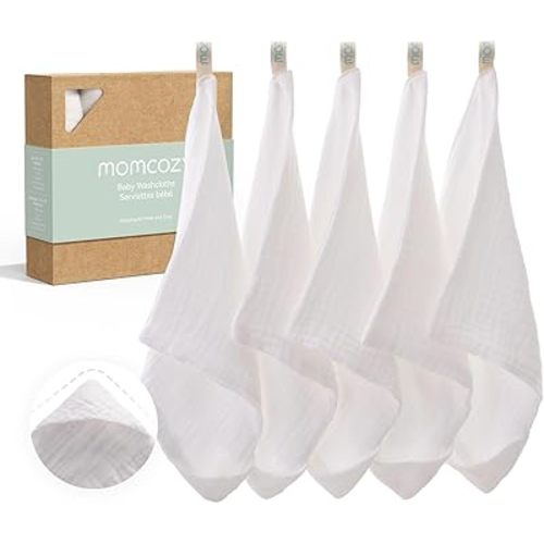 Momcozy Baby Washcloths - 4 Layer Design| Medium Thickness| Soft & Absorbent| Premium Cotton for Newborns' Skin-Great for Bathing, Wiping & on-the-go Use, Shower Gift and Essential(5 Pack, 10x10 inch)