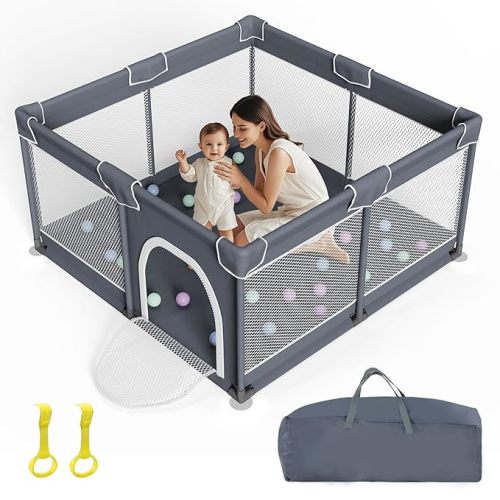 Foldable Baby Playpen - 50"x50" Safety Play Yard for Babies & Toddlers - Indoor & Outdoor Use with Carry Bag - Collapsible, Portable Play Yard, Dark Gray