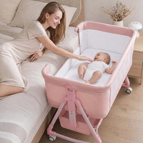 PRVAETU 3-in-1 Baby Bassinet Bedside Sleeper with Wheels,Height Adjustable Easy Folding Portable Rocking Crib for Infant Newborn Boys Girls,Pink