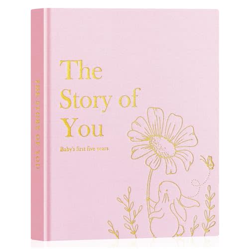 Lanpn Baby Memory Book for Boy Girl - The Story of You, Newborn Babys Book Keepsake Photo Album for New Parents, Linen Cover Baby First 5 Year Milestone Journal Scrapbook (Pink, 154 Pages)