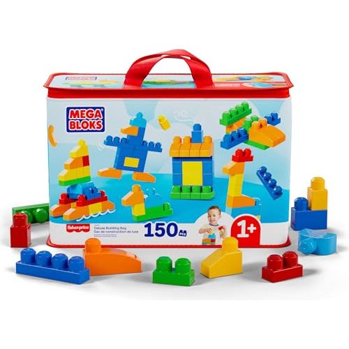 MEGA BLOKS First Builders Toddler Blocks Toys Set, Deluxe Building Bag with 150 Pieces and Storage, Creative Open-Ended Play, Blue, Ages 1+ Years