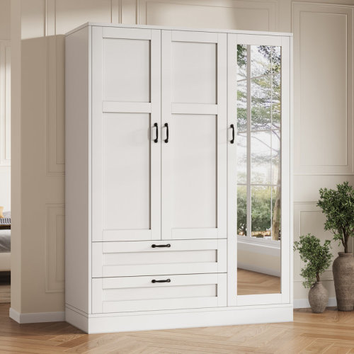 Latitude Run® 5-In-1 Wardrobe Closet With Full Length Mirror And 2 Drawers, Freestanding Storage Cabinet With Adjustable Shelves, Modern Armoire For Bedroom & Reviews | Wayfair