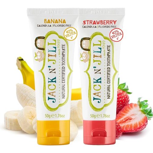 Jack N' Jill Natural Toddler Toothpaste - Fluoride Free Training Toothpaste for Toddlers 1-3, 40% Xylitol, BPA Free - Strawberry & Banana 1.76 oz (Pack of 2)
