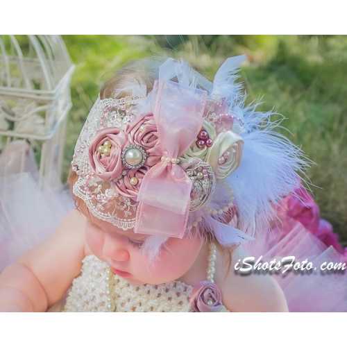 Over the Top Headband, First Birthday Cake Smash Outfit, Cream Dusty Rose, Mauve Fabric Flowers, Feathers, Pearls Lace Extra Large, Ivory