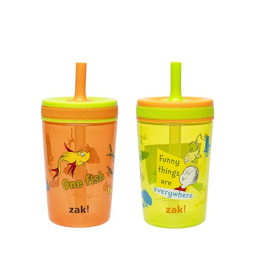Zak Designs Dr. Seuss Kelso Toddler Cups For Travel or At Home, 15oz 2-Pack Durable Plastic Sippy Cups With Leak-Proof Design is Perfect for Kids (One Fish, Two Fish, Red Fish, Blue Fish)