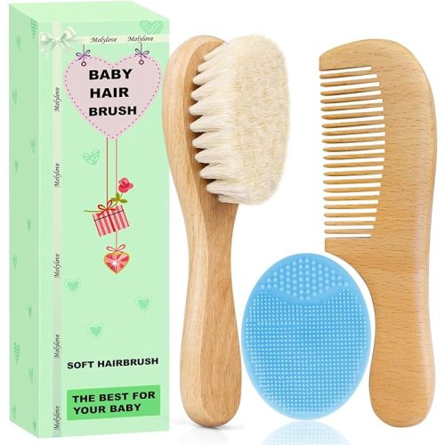 Baby Hair Brush with Wooden Handle and Comb Set for Newborns & Toddlers | Natural Soft Goat Bristles l Wood comb l Yellow Silicone Brush| Ideal for Cradle Cap (3PCS)